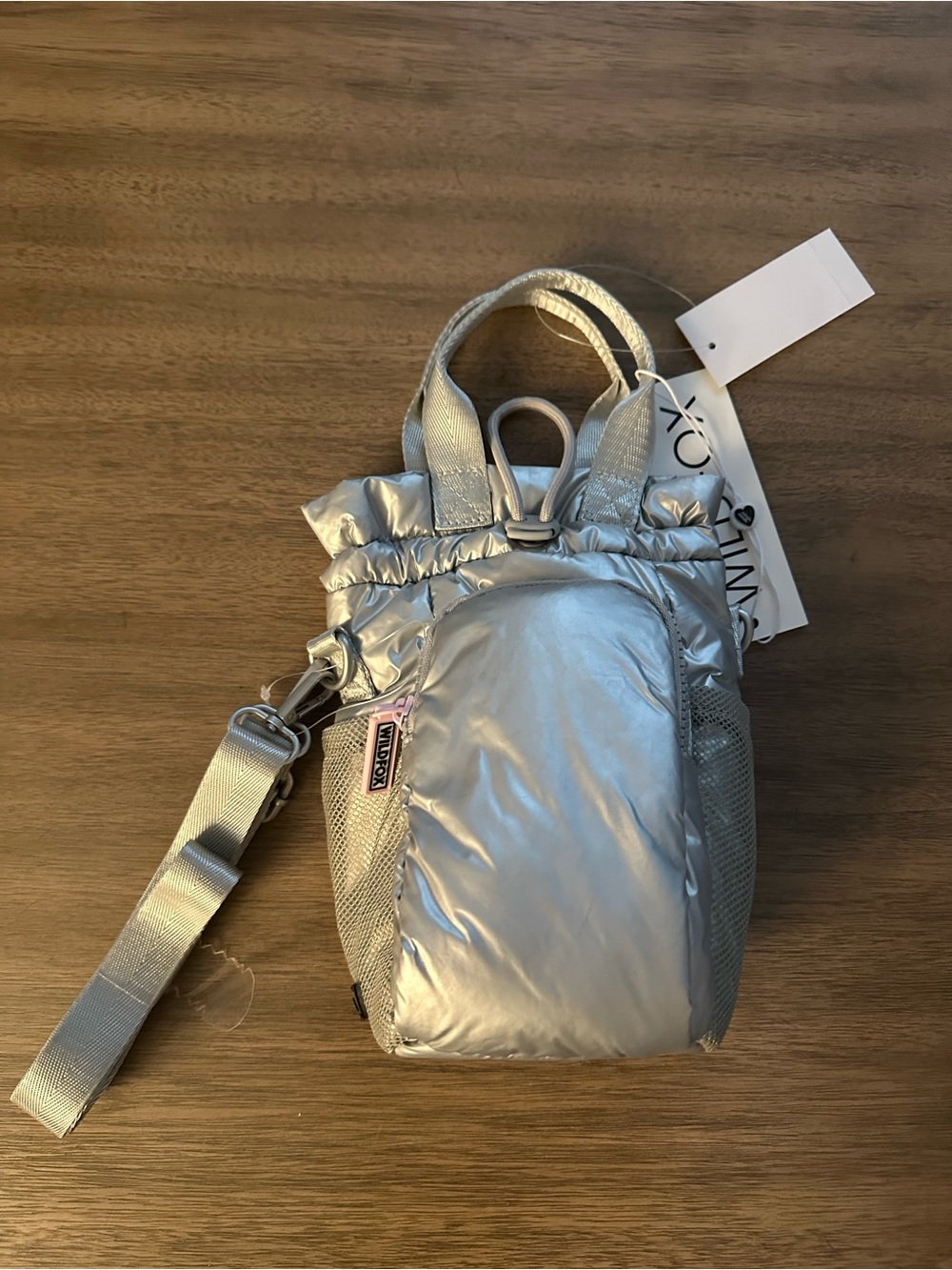 Wildfox Metallic Silver Puffer Crossbody Water Bottle Bag
